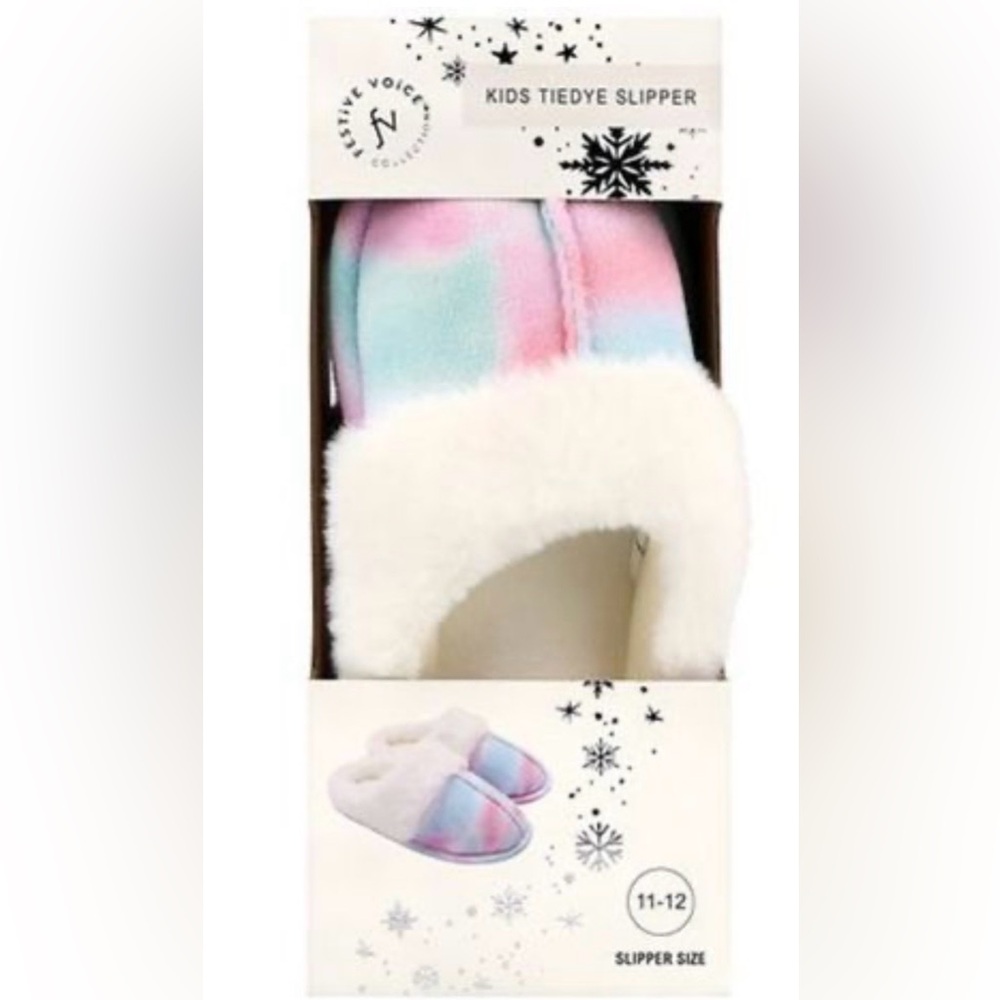 NWT Festive Voice Girls Pink And Blue Faux Fur Tie-Dye Slippers